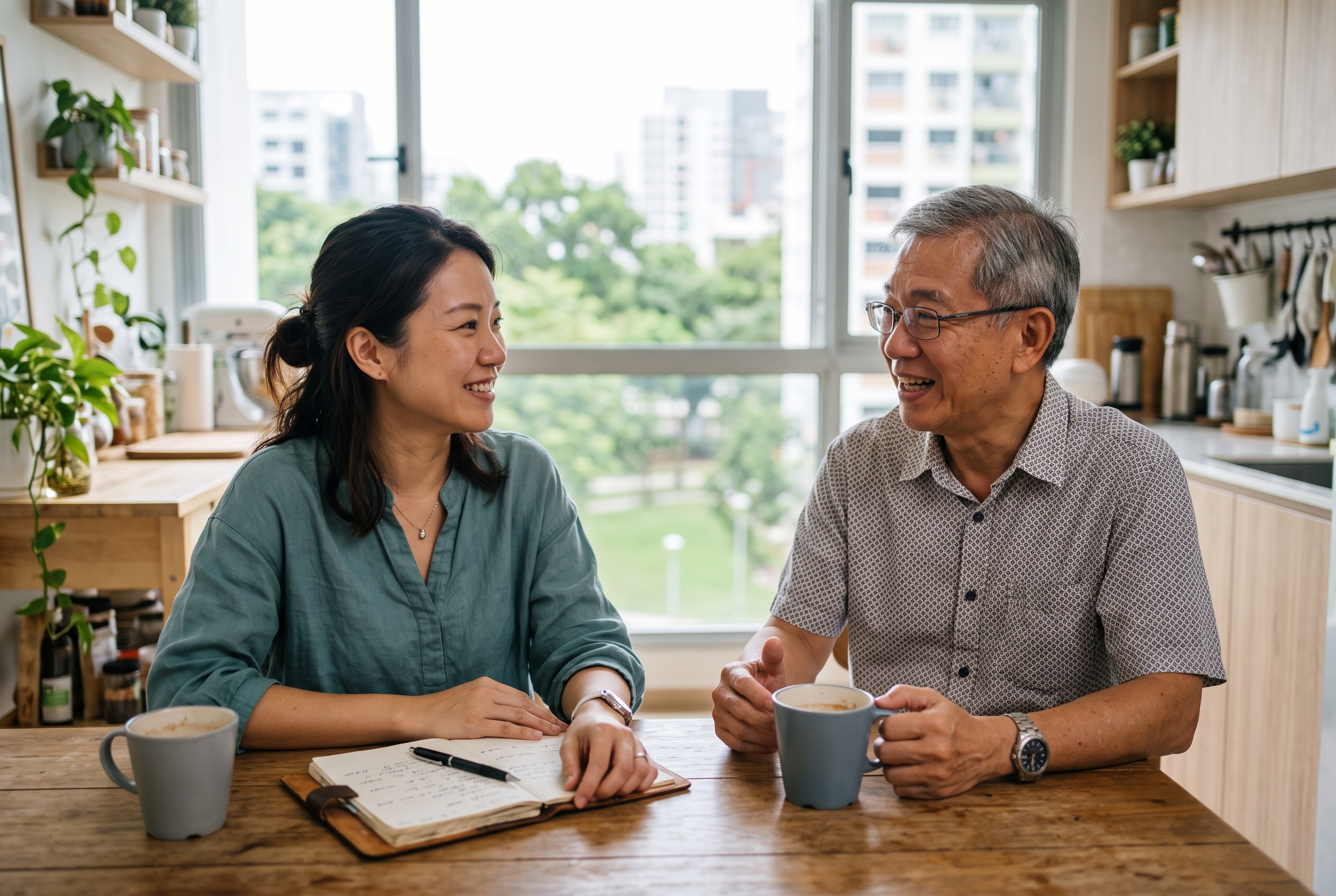 An adult daughter and her father talking at a kitchen table