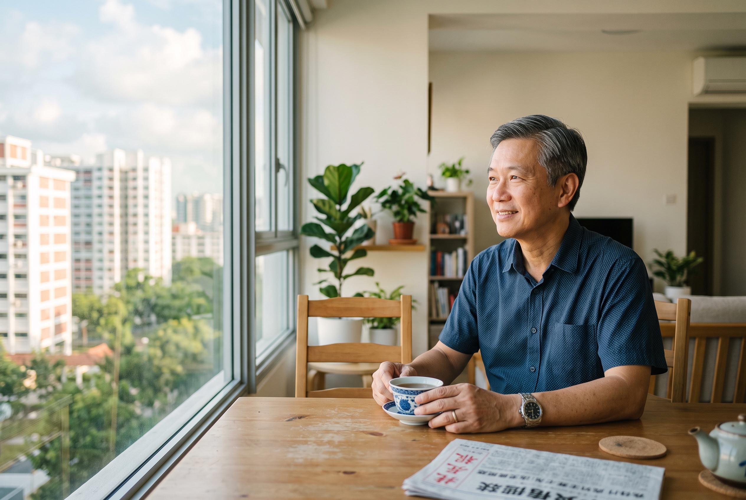 A man in his sixties sitting calmly by a sunlit window at home with a cup of tea